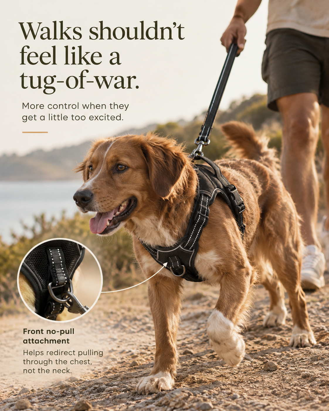 Dog walking on a trail in the black Wayloa Anti-Pull Dog Harness, with the front no-pull leash clip highlighted