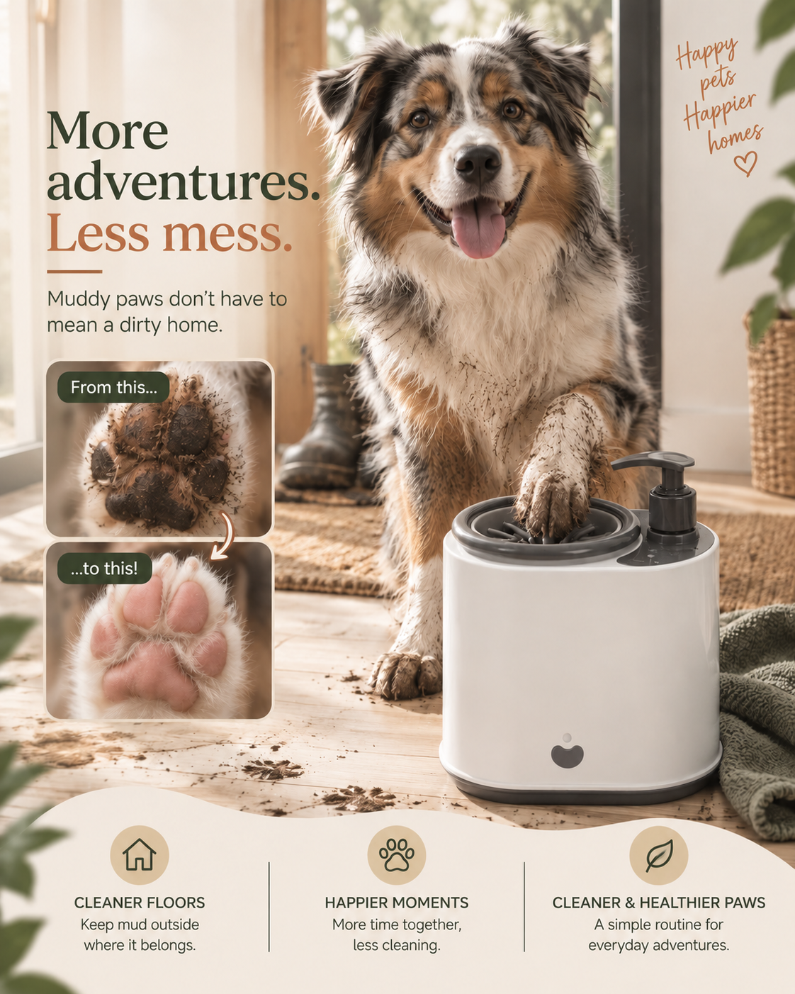 Australian shepherd with a paw in the Wayloa Electric Dog Paw Cleaner, with before and after paw photos