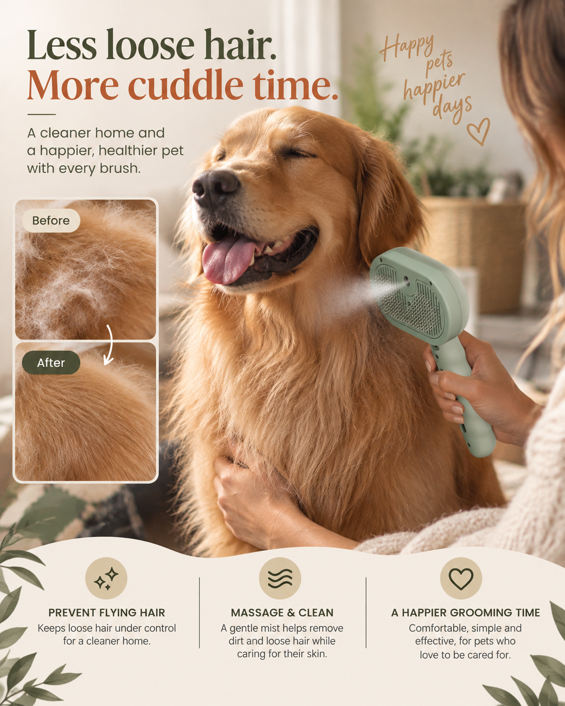 Golden retriever being groomed with the green Wayloa Steam Pet Grooming Brush to remove loose hair