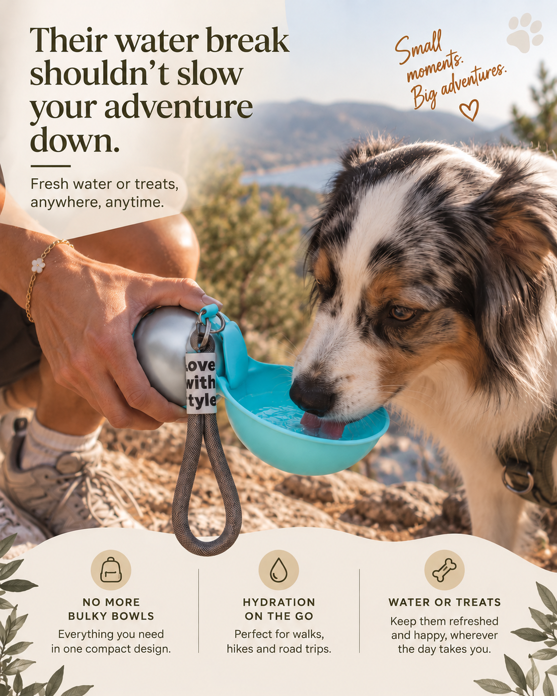 Owner pouring water into the bowl of the Wayloa Stainless Steel Dog Water Bottle on a walk