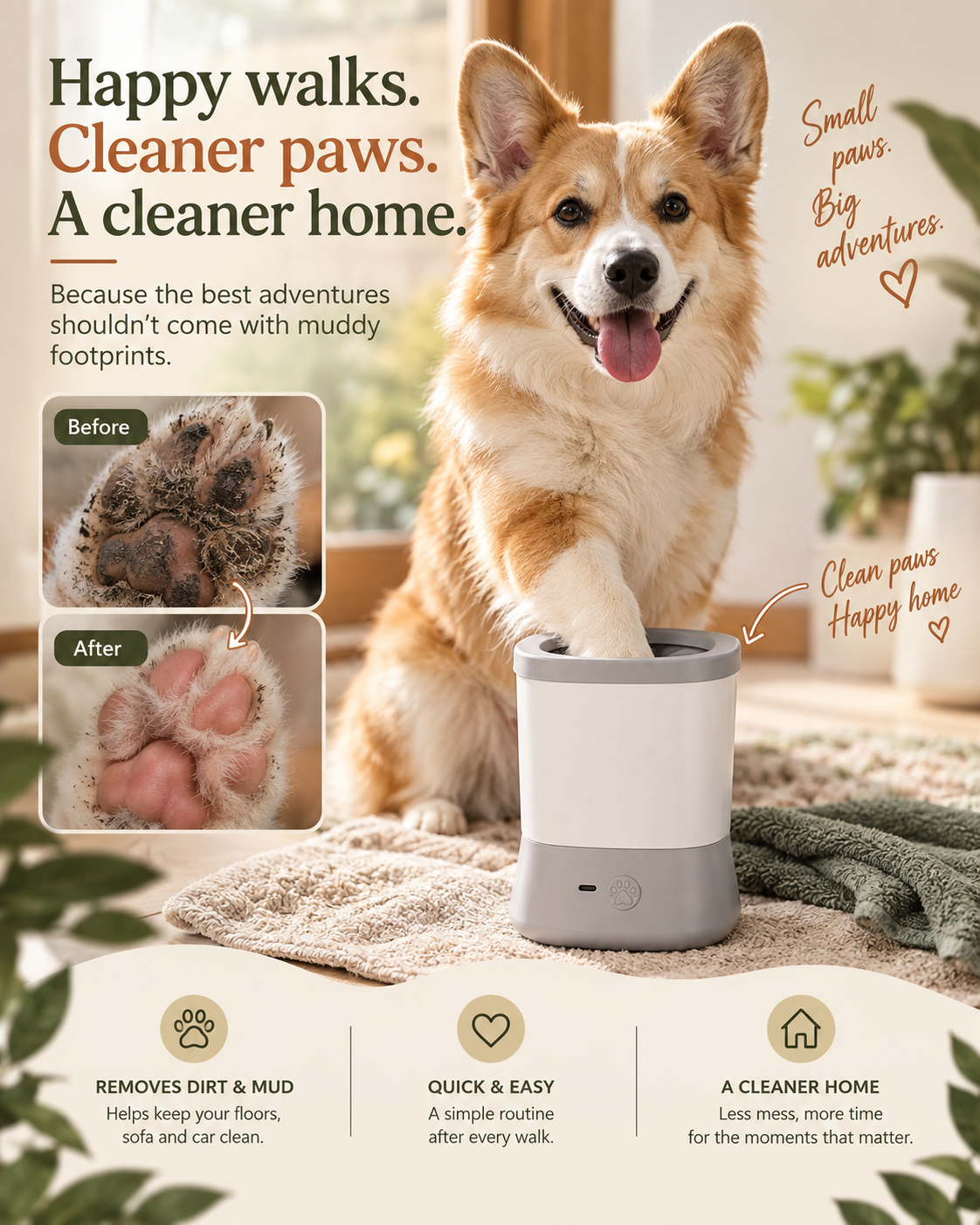 Corgi with a paw in the Wayloa Automatic Dog Paw Cleaner, with before and after paw photos