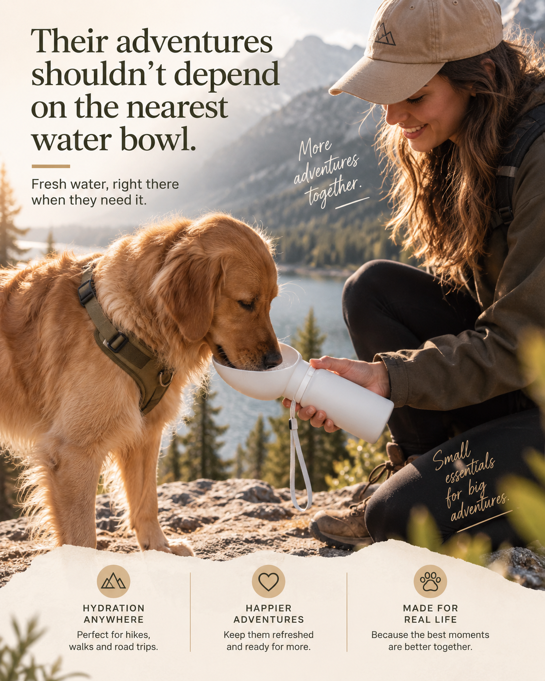 Golden retriever drinking from the Wayloa Collapsible Dog Water Bottle on a hike