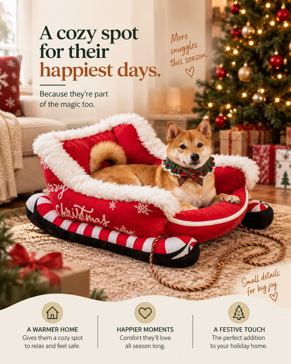 Shiba Inu resting in the red Wayloa Christmas Sleigh Dog Bed by a Christmas tree