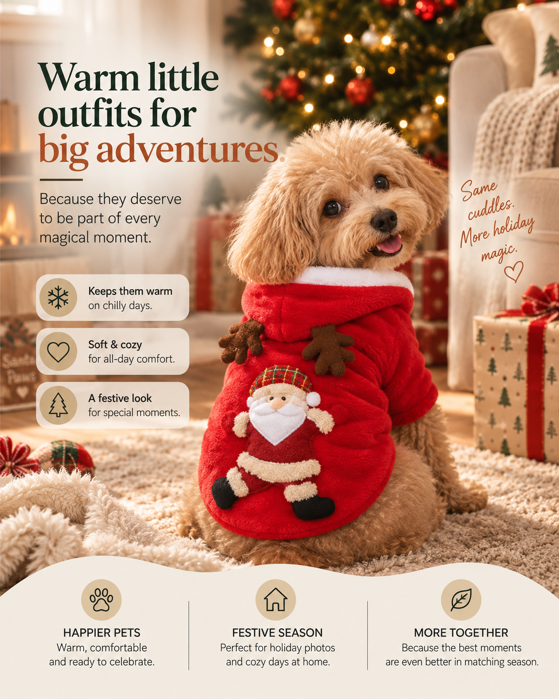 Toy poodle wearing the red Wayloa Christmas Dog Jumper with Santa Claus design