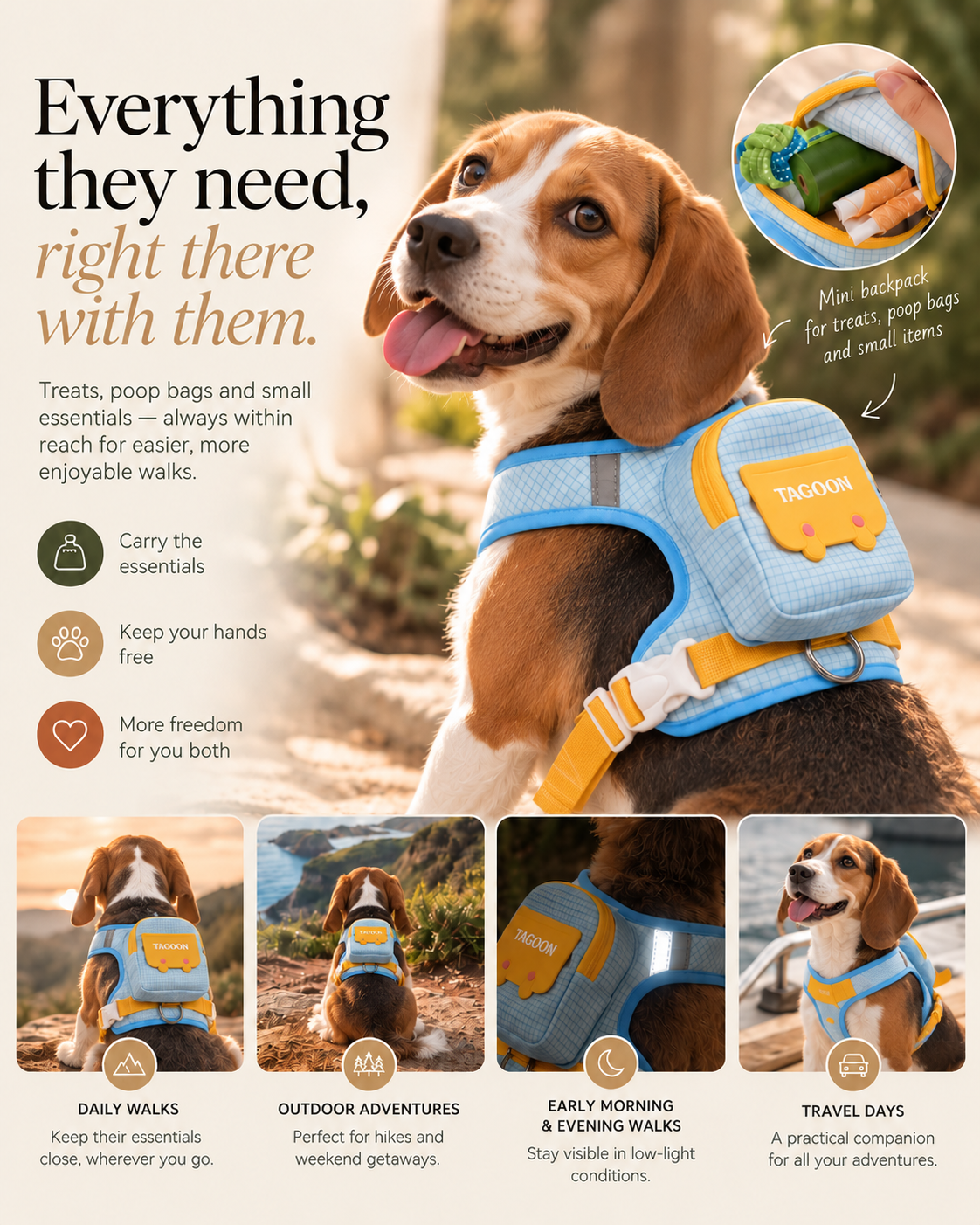 Beagle wearing the light blue Wayloa 3-in-1 Dog Backpack Harness to carry walk essentials