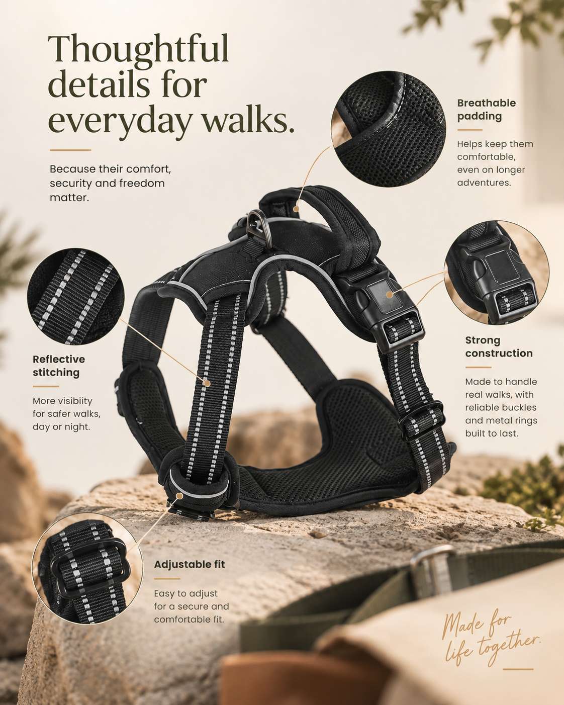 Black Wayloa Anti-Pull Dog Harness showing reflective stitching and adjustable straps