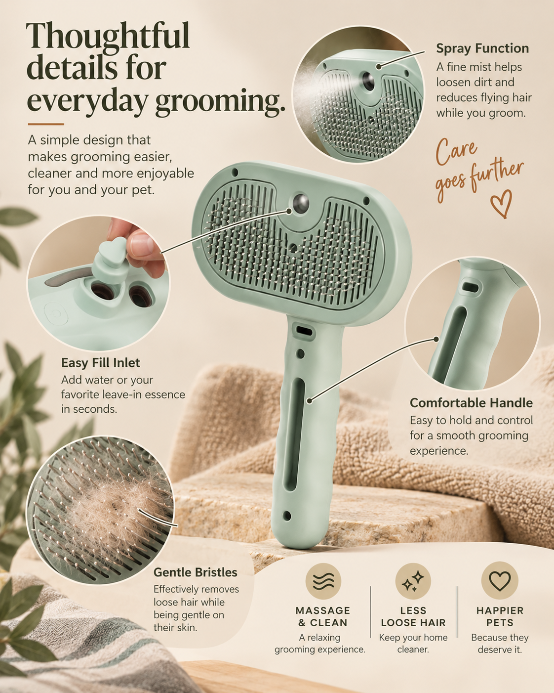 Wayloa Steam Pet Grooming Brush details: easy-fill water inlet and gentle bristles