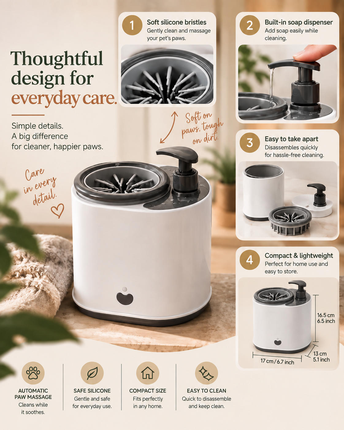 Wayloa Electric Dog Paw Cleaner design details with built-in soap dispenser