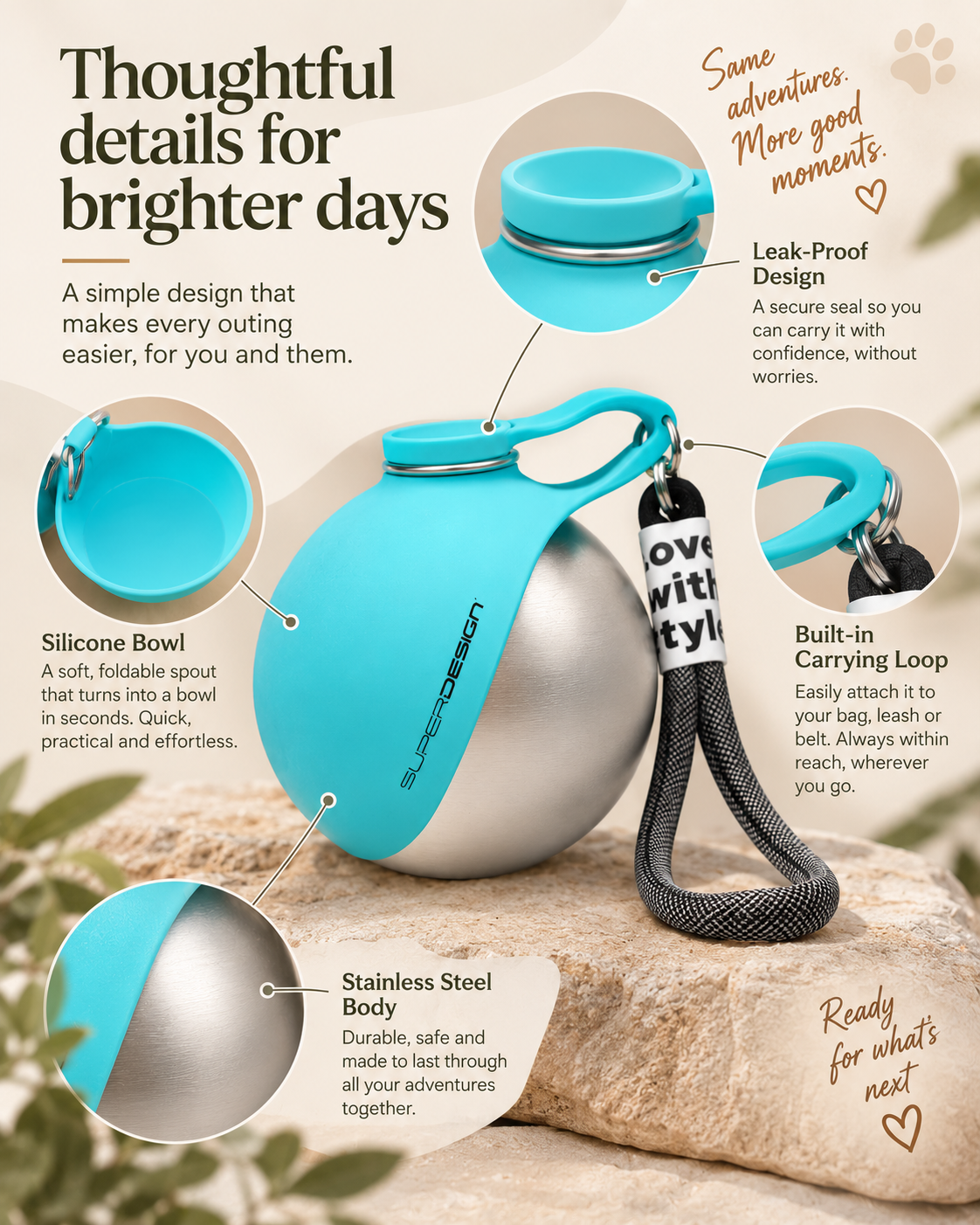Wayloa Stainless Steel Dog Water Bottle details: silicone bowl, leak-proof lid, carry loop