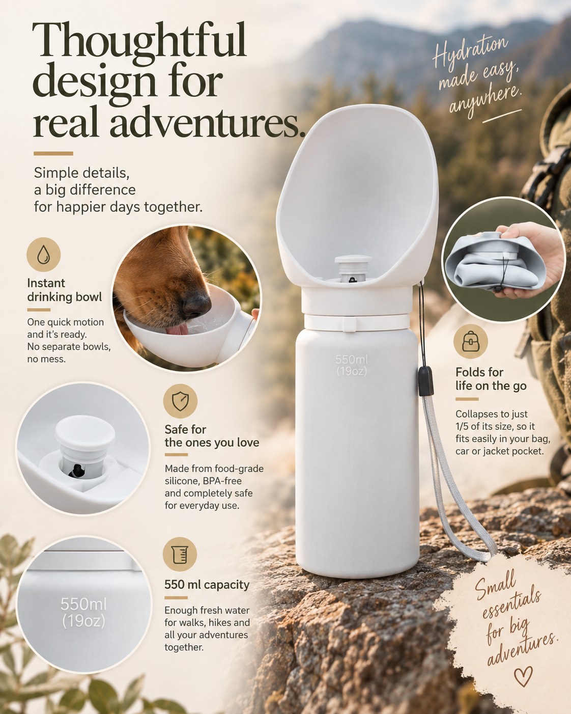 Wayloa Collapsible Dog Water Bottle design details: built-in drinking bowl, 550 ml capacity