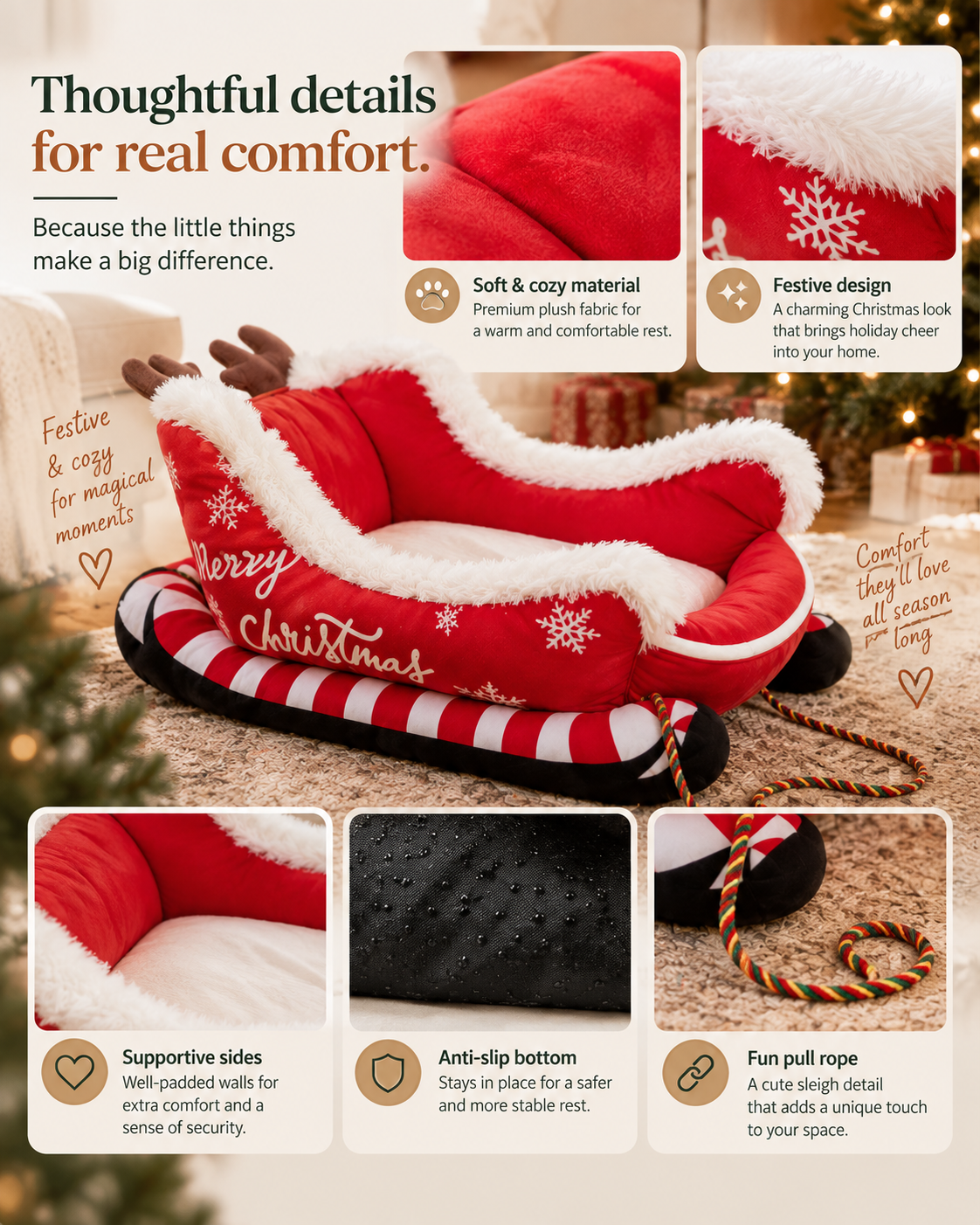 Wayloa Christmas Sleigh Dog Bed details: plush cushion, anti-slip base, festive design
