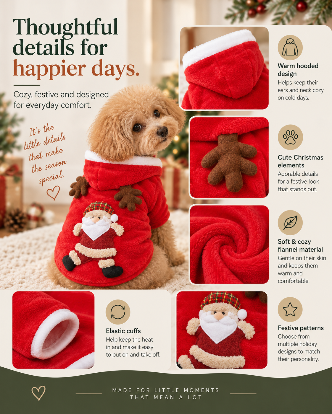 Wayloa Christmas Dog Jumper details: soft flannel, cozy hood with white plush trim