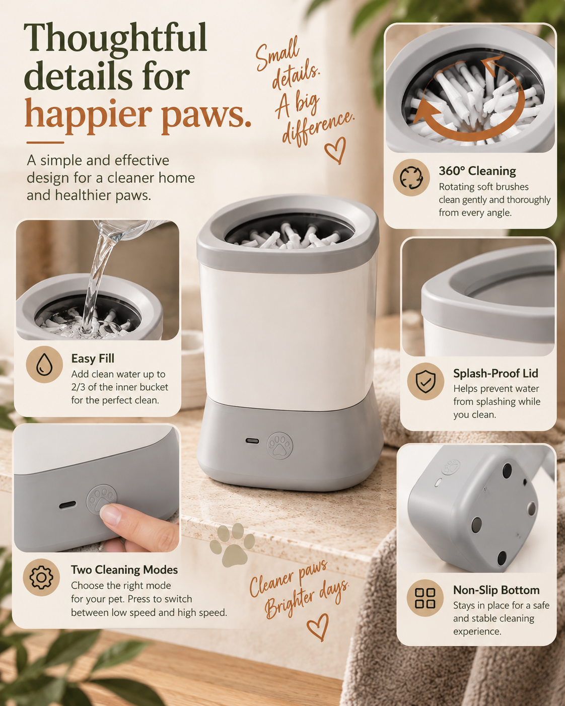 Wayloa Automatic Dog Paw Cleaner features: easy fill and two cleaning modes