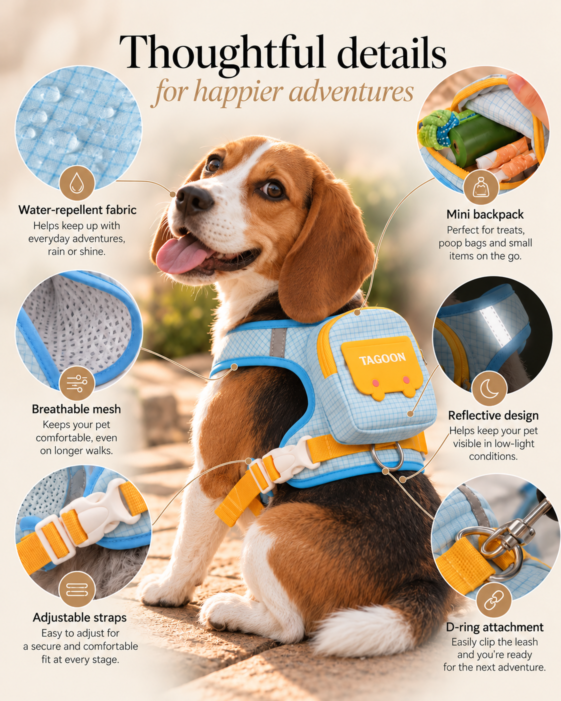 Wayloa 3-in-1 Dog Backpack Harness details: water-repellent fabric, breathable mesh, adjustable straps