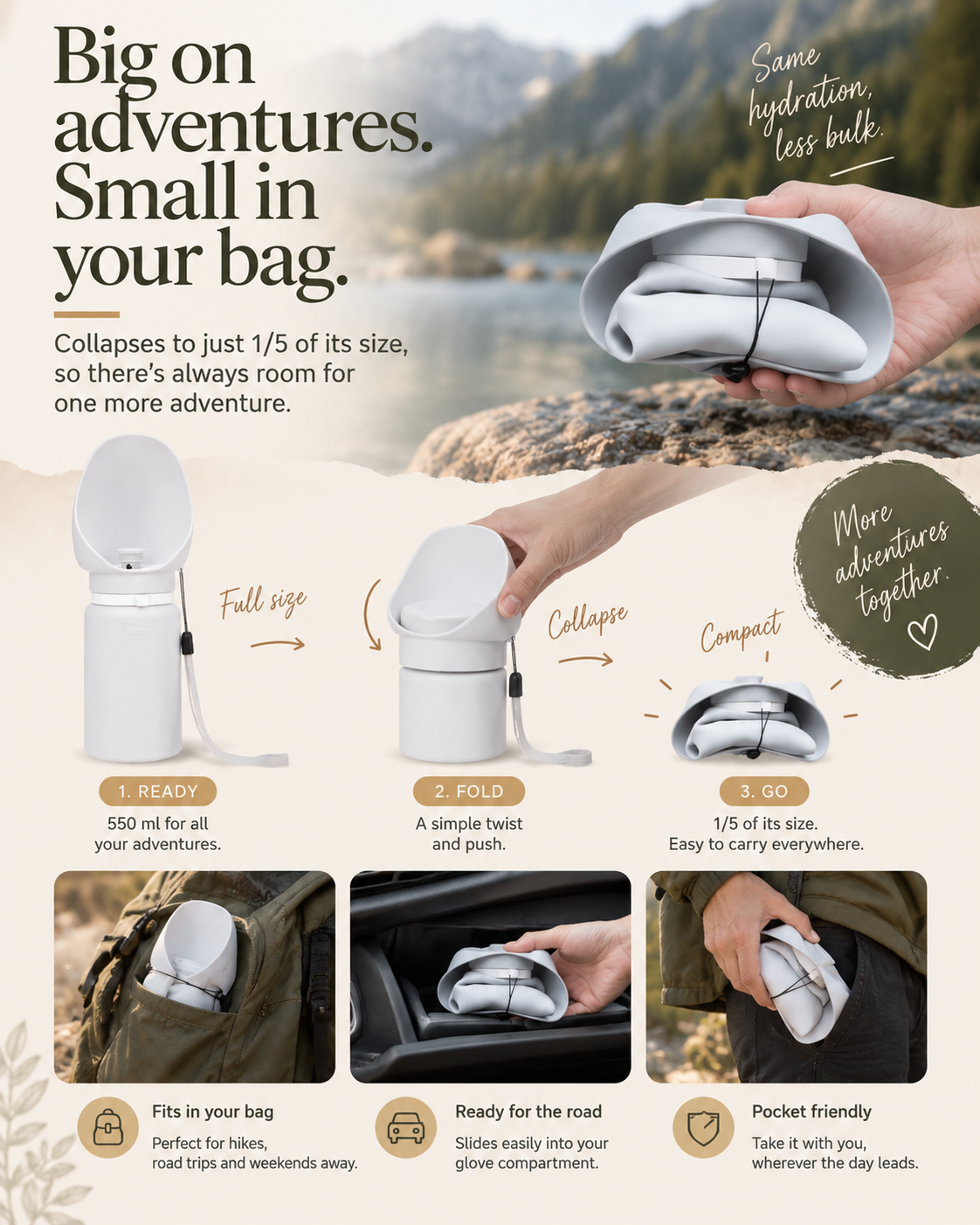 Wayloa Collapsible Dog Water Bottle folds down to a compact size to fit in a bag