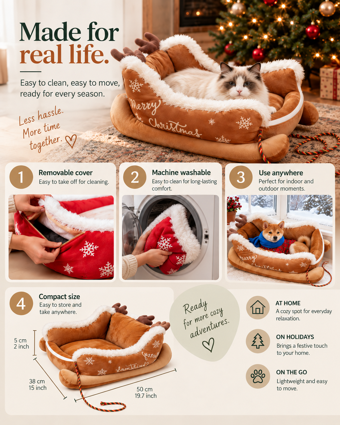 Wayloa Christmas Sleigh Dog Bed with removable washable cover, in beige