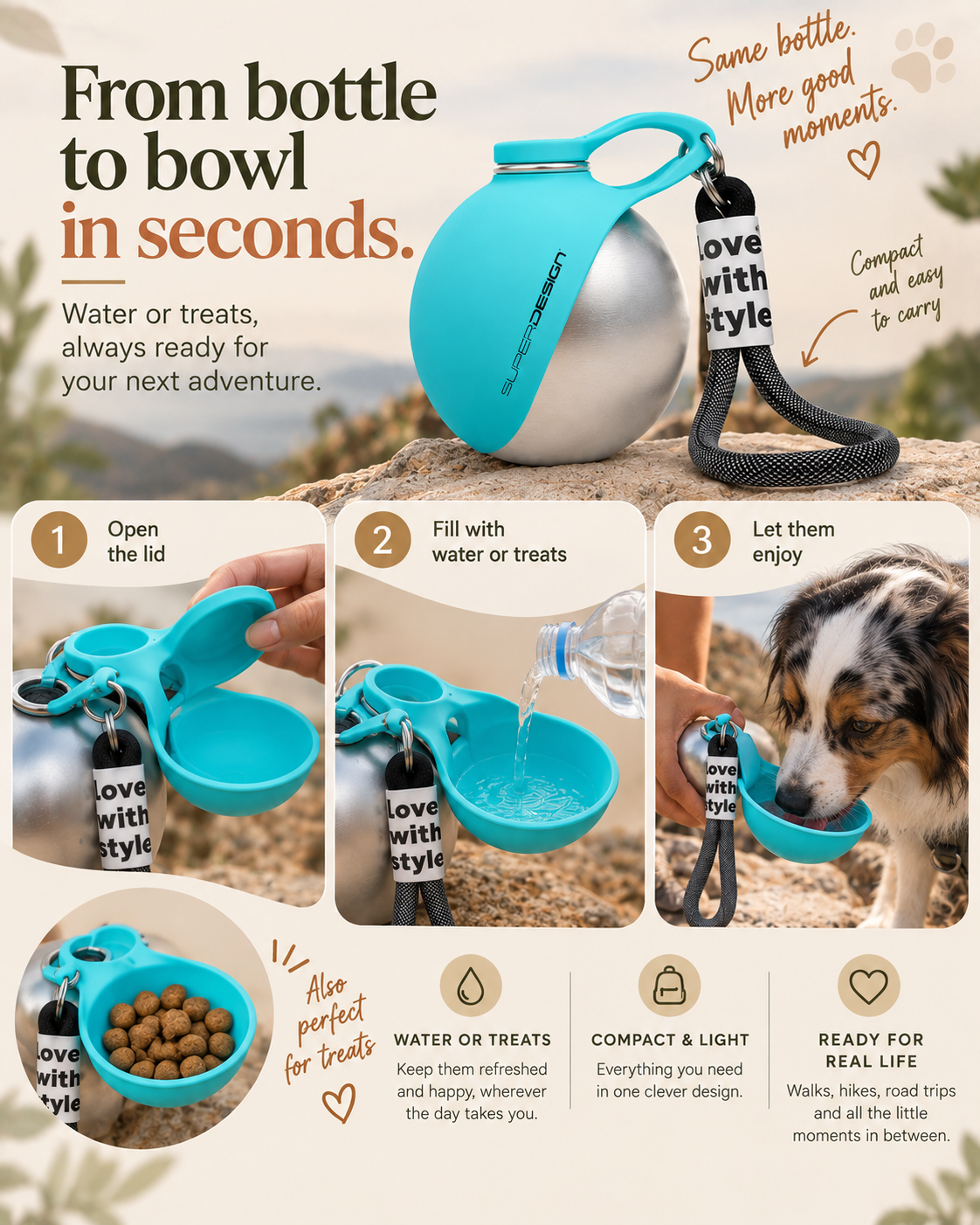 Wayloa Stainless Steel Dog Water Bottle turns into a bowl for water or treats in three steps