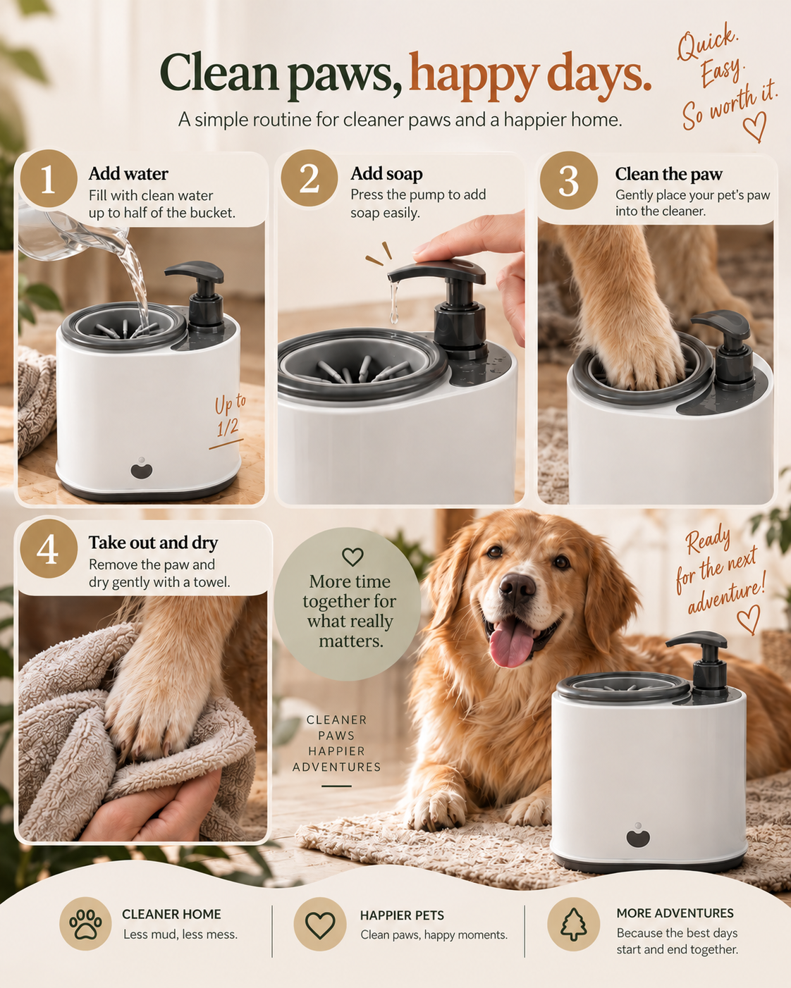 Four-step routine with the Wayloa Electric Dog Paw Cleaner: add water and soap, clean, dry