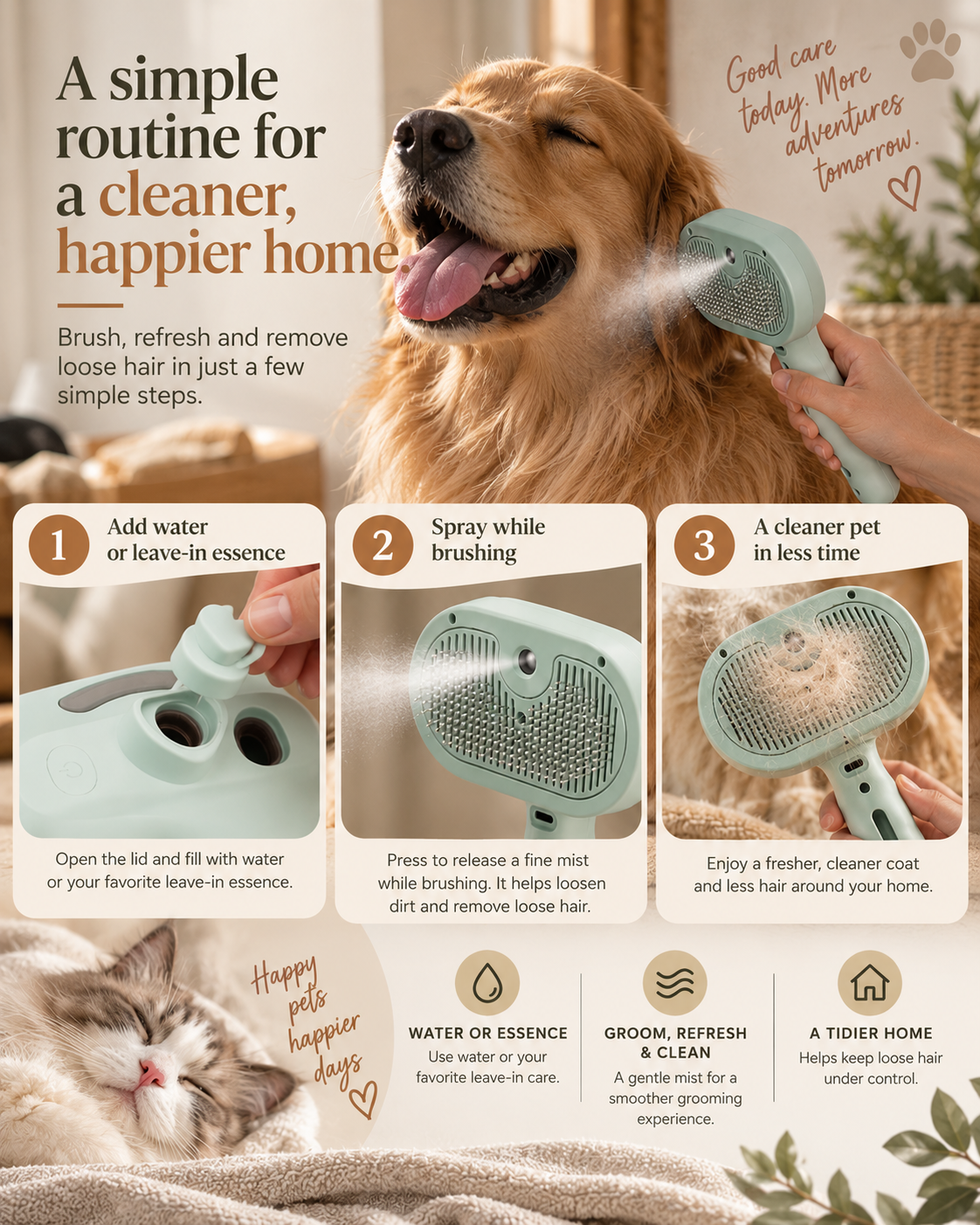 Three-step routine with the Wayloa Steam Pet Grooming Brush: add water, spray while brushing, clean