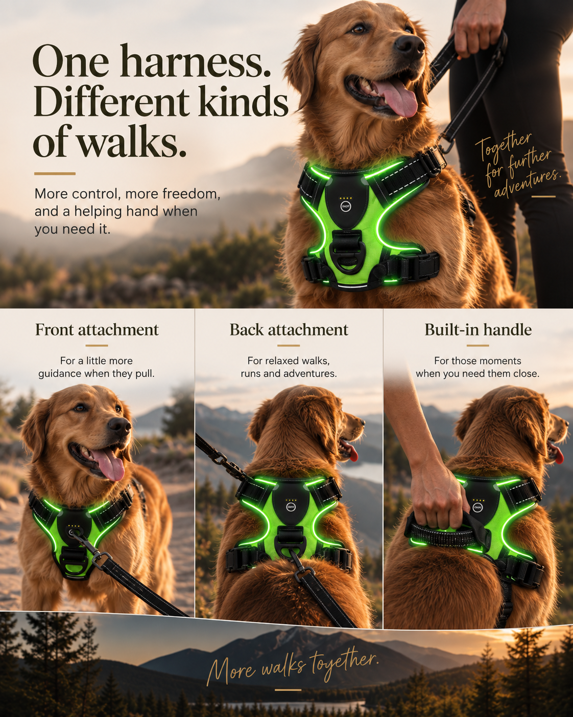 Wayloa LED Dog Harness with front and back leash attachments for different kinds of walks