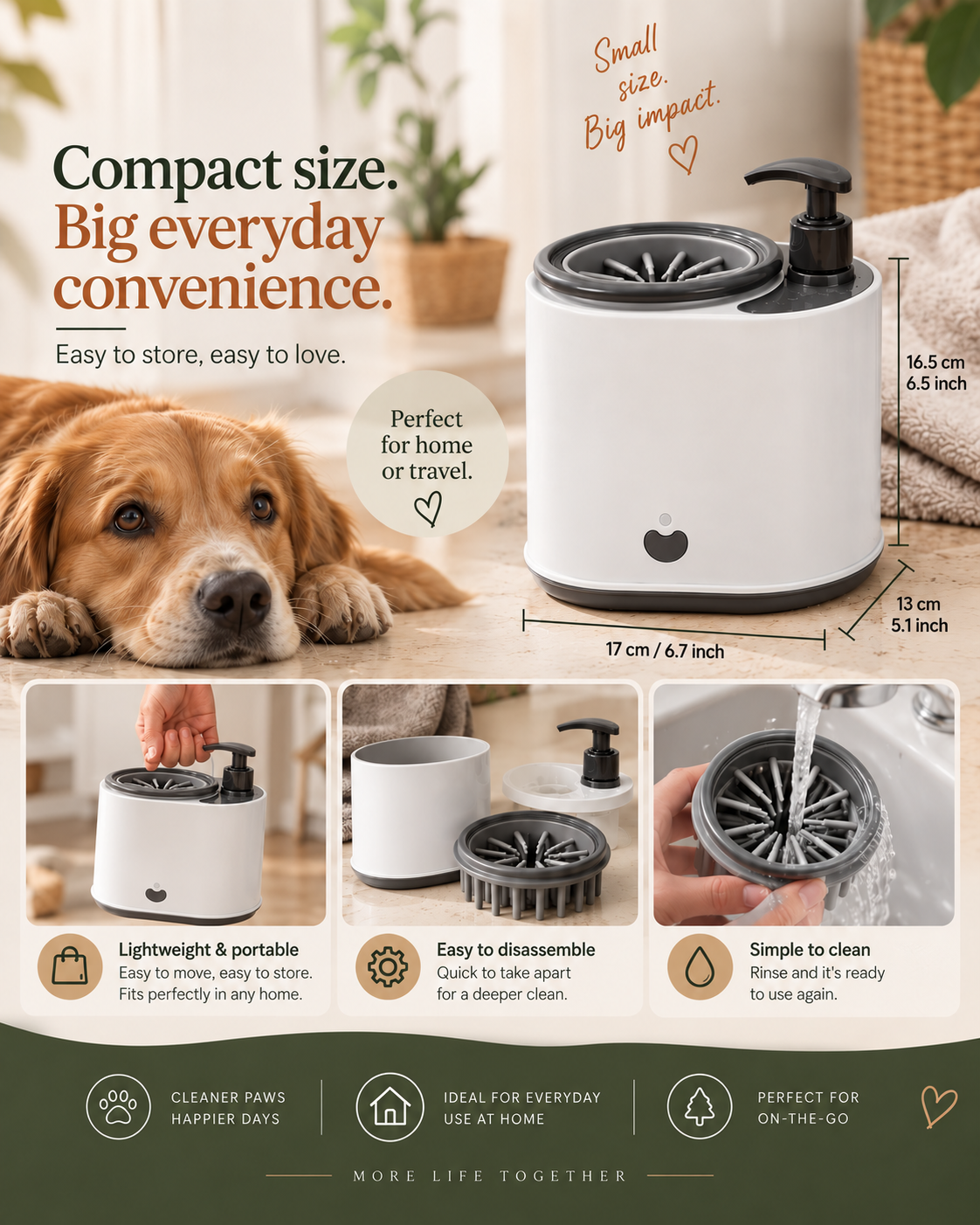 Compact Wayloa Electric Dog Paw Cleaner with dimensions, easy to store and to clean