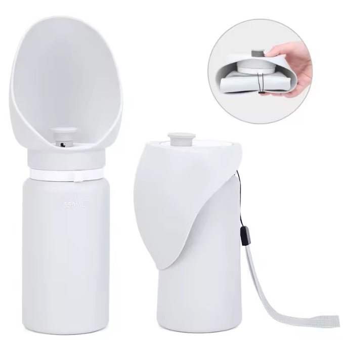 Wayloa Collapsible Dog Water Bottle in white with flip-up drinking bowl