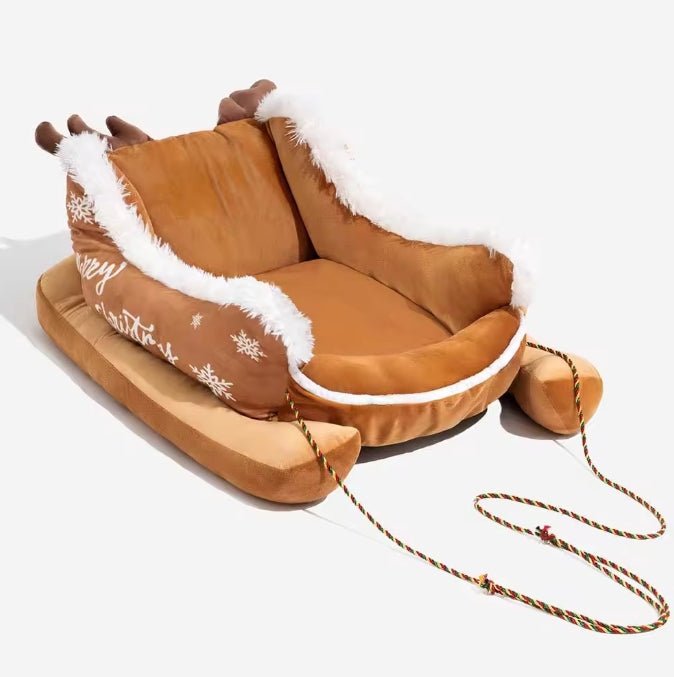 Wayloa Christmas Sleigh Dog Bed in beige with white plush trim and reindeer antlers