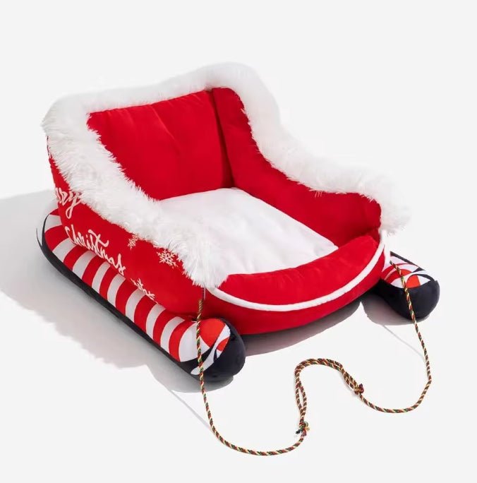 Wayloa Christmas Sleigh Dog Bed in red with white plush trim and candy-cane runners