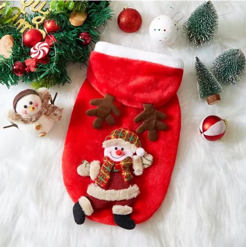 Wayloa Christmas Dog Jumper in red with snowman design and antler hood