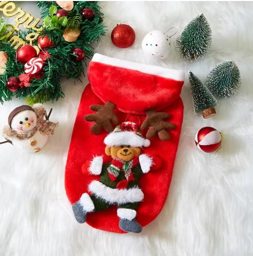 Wayloa Christmas Dog Jumper in red with little bear design and antler hood