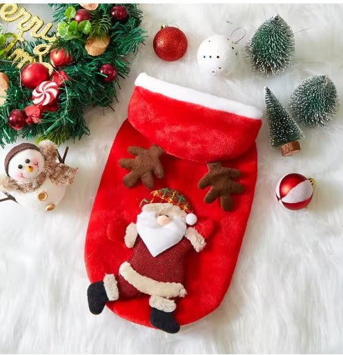 Wayloa Christmas Dog Jumper in red with Santa Claus design and antler hood