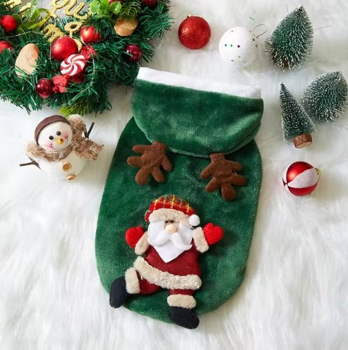 Wayloa Christmas Dog Jumper in green with Santa Claus design and antler hood