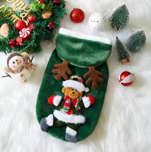 Wayloa Christmas Dog Jumper in green with little bear design and antler hood