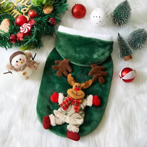 Wayloa Christmas Dog Jumper in green with reindeer design and antler hood