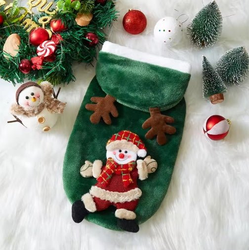 Wayloa Christmas Dog Jumper in green with snowman design and antler hood