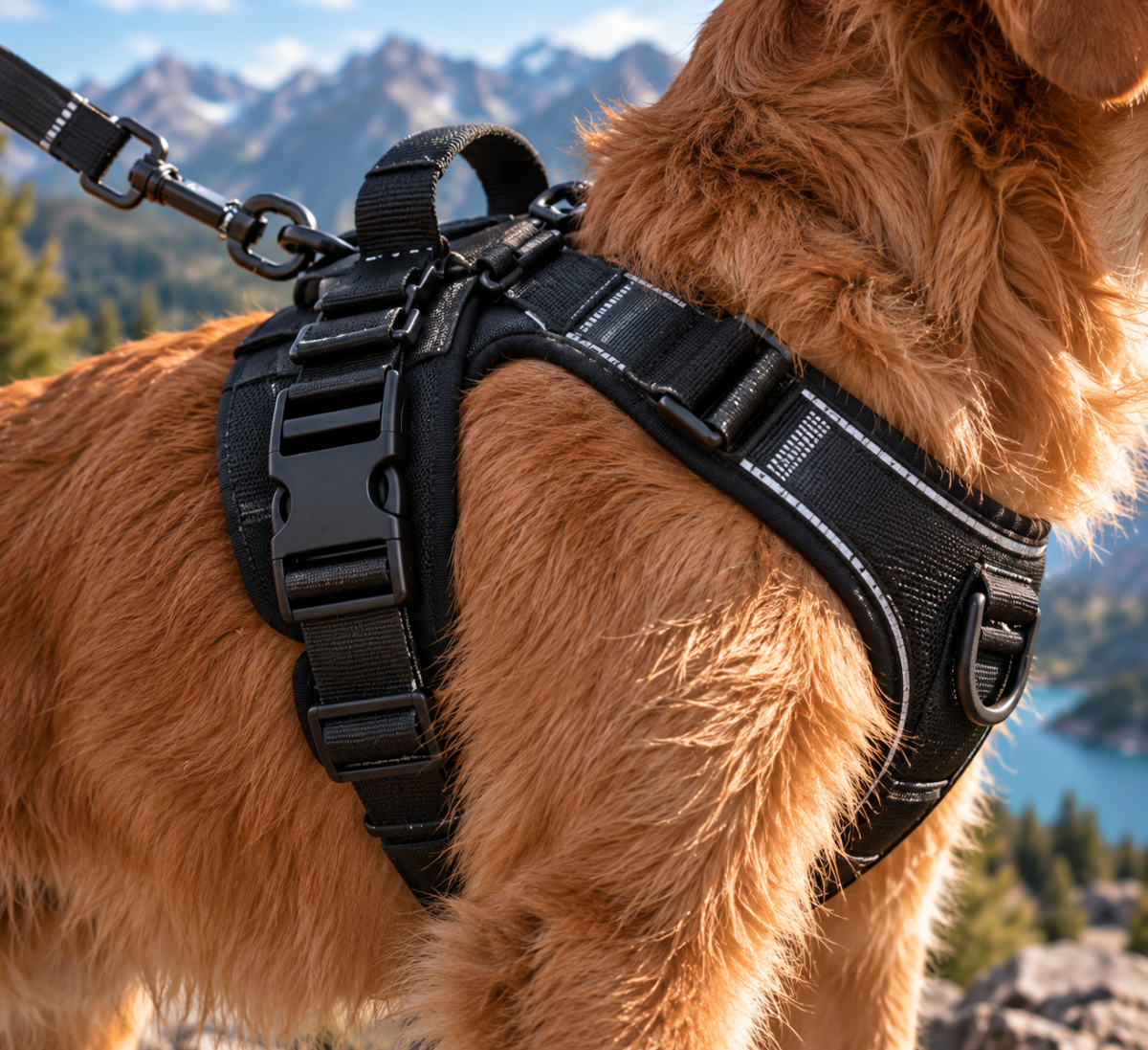 Close-up of a golden retriever wearing the black Wayloa Anti-Pull Dog Harness by a mountain lake