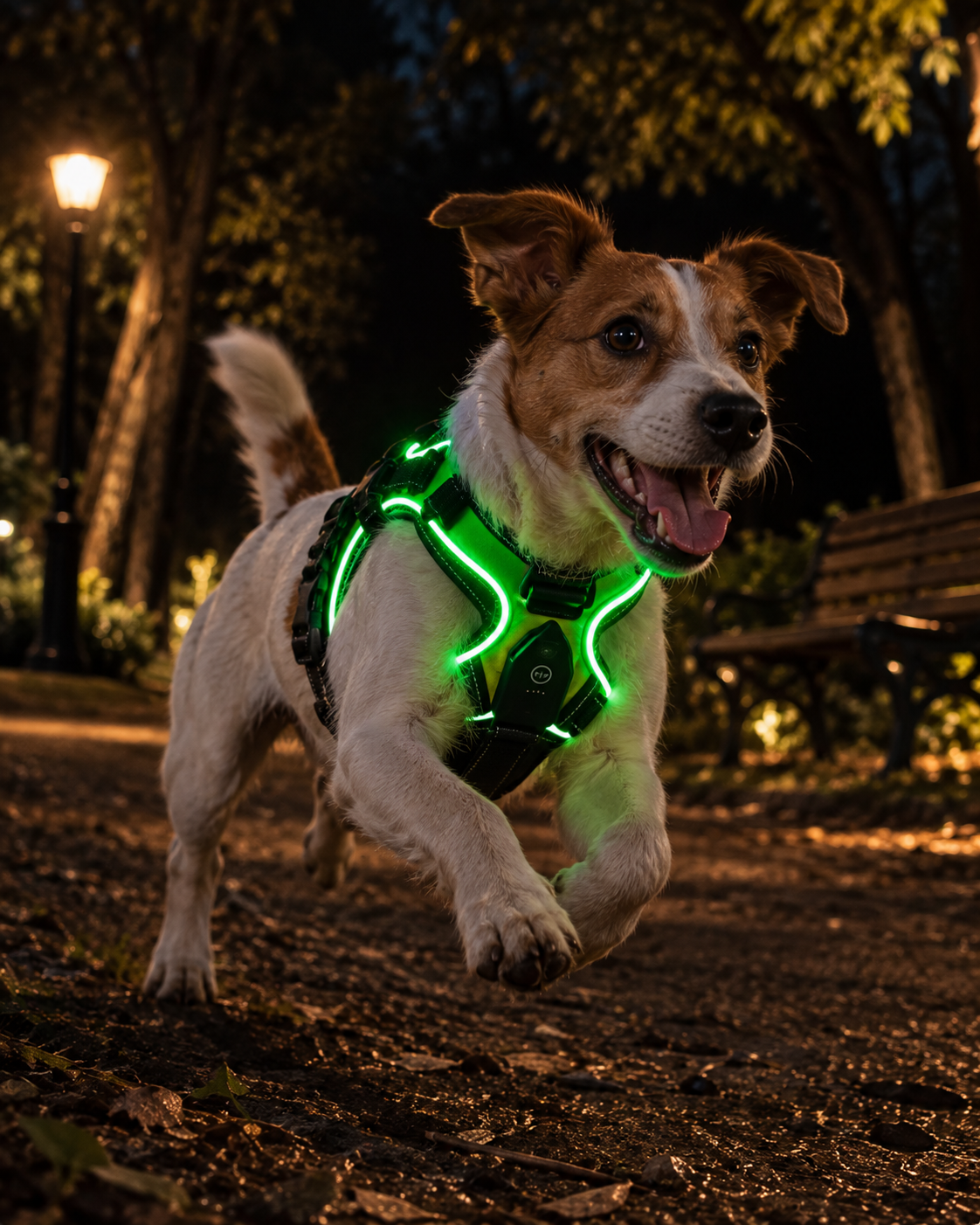 Dog running in a park at night in the Wayloa LED Dog Harness lit up in green