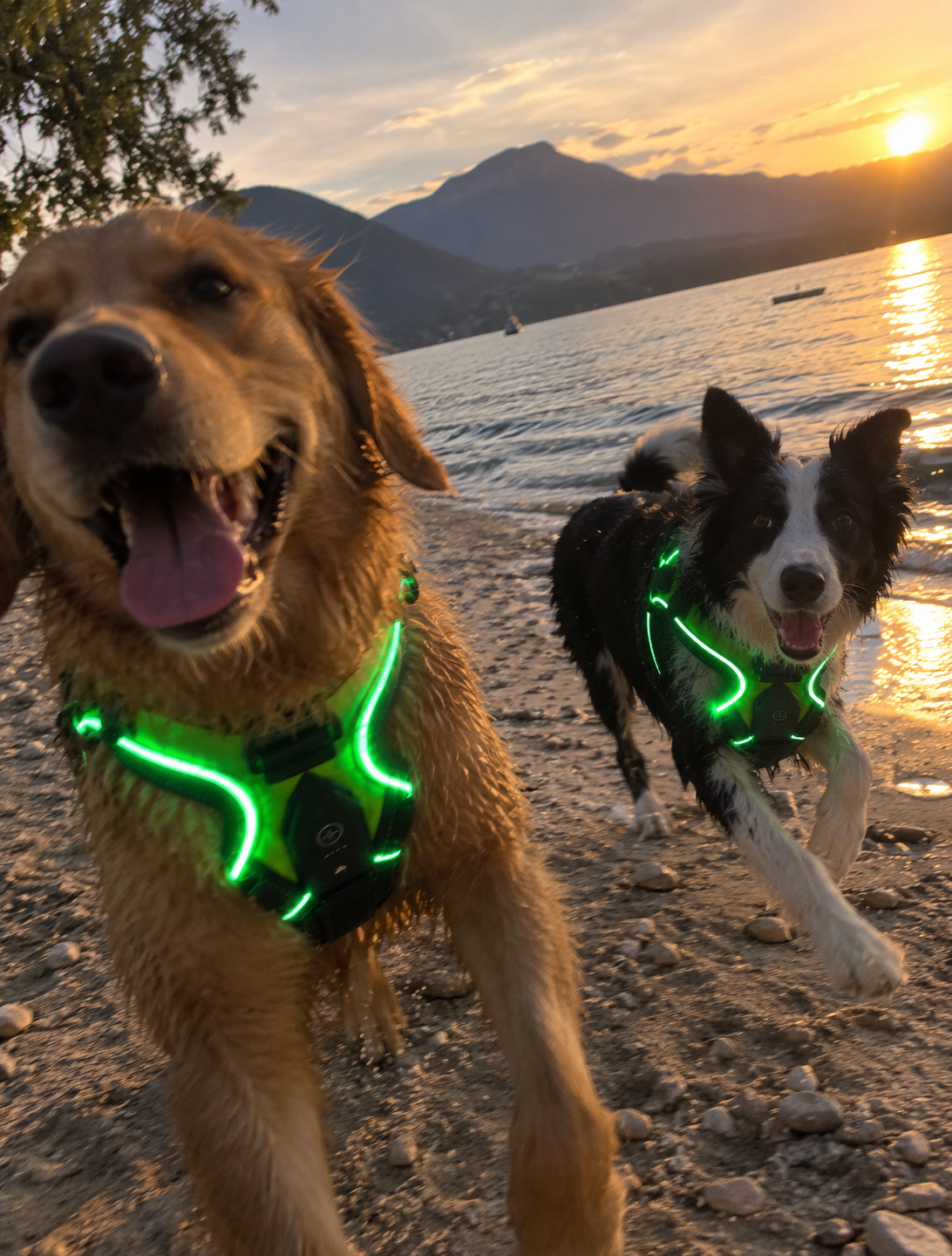 Two dogs on a beach at sunset wearing Wayloa LED Dog Harnesses glowing green