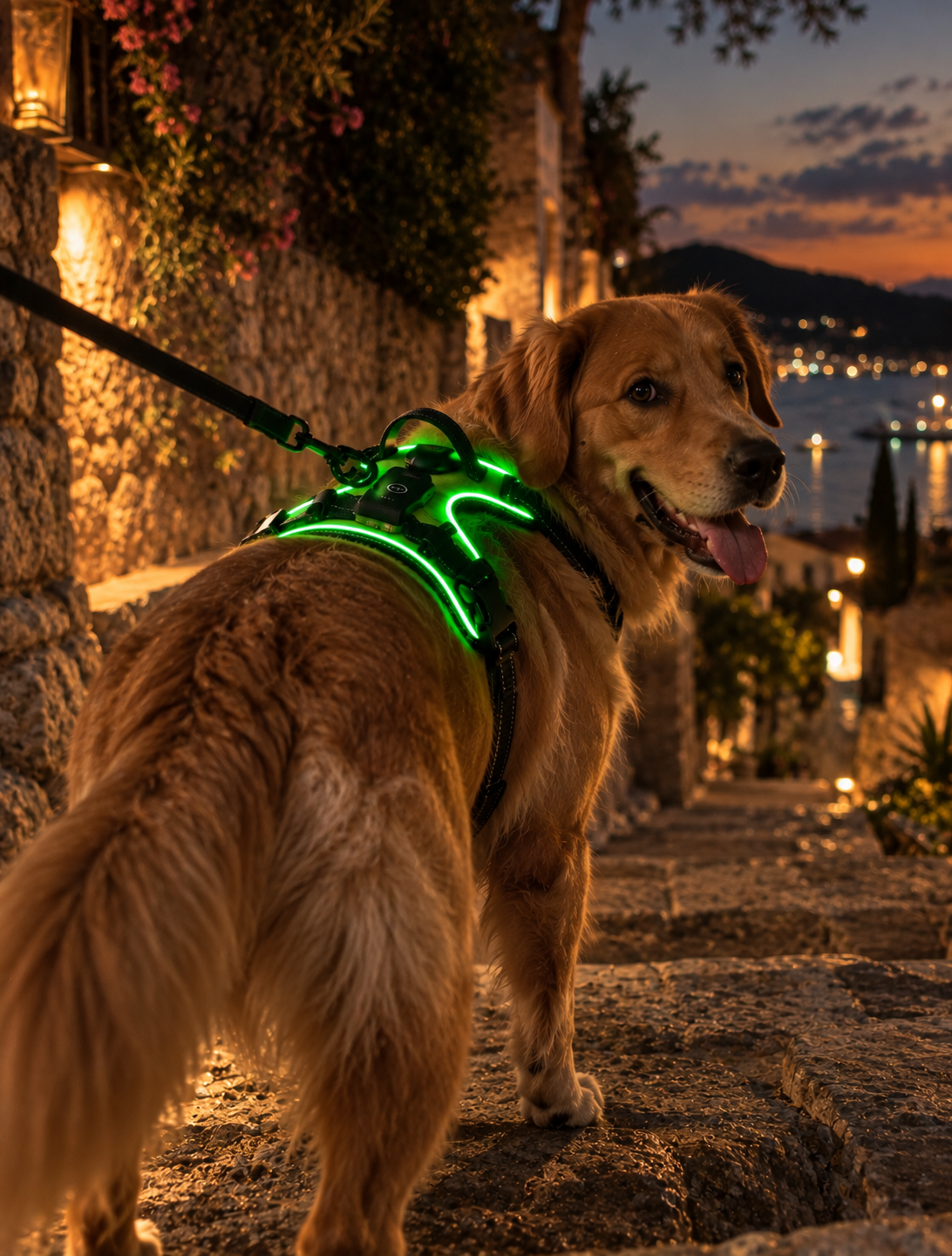 Golden retriever on an evening street walk in the illuminated Wayloa LED Dog Harness