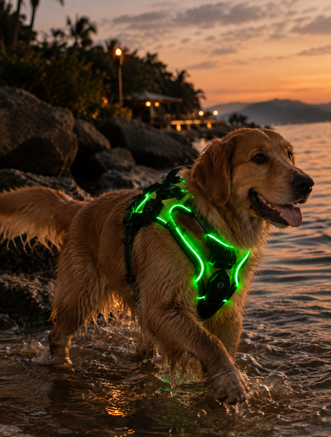 Golden retriever by the water at dusk wearing the Wayloa LED Dog Harness glowing green
