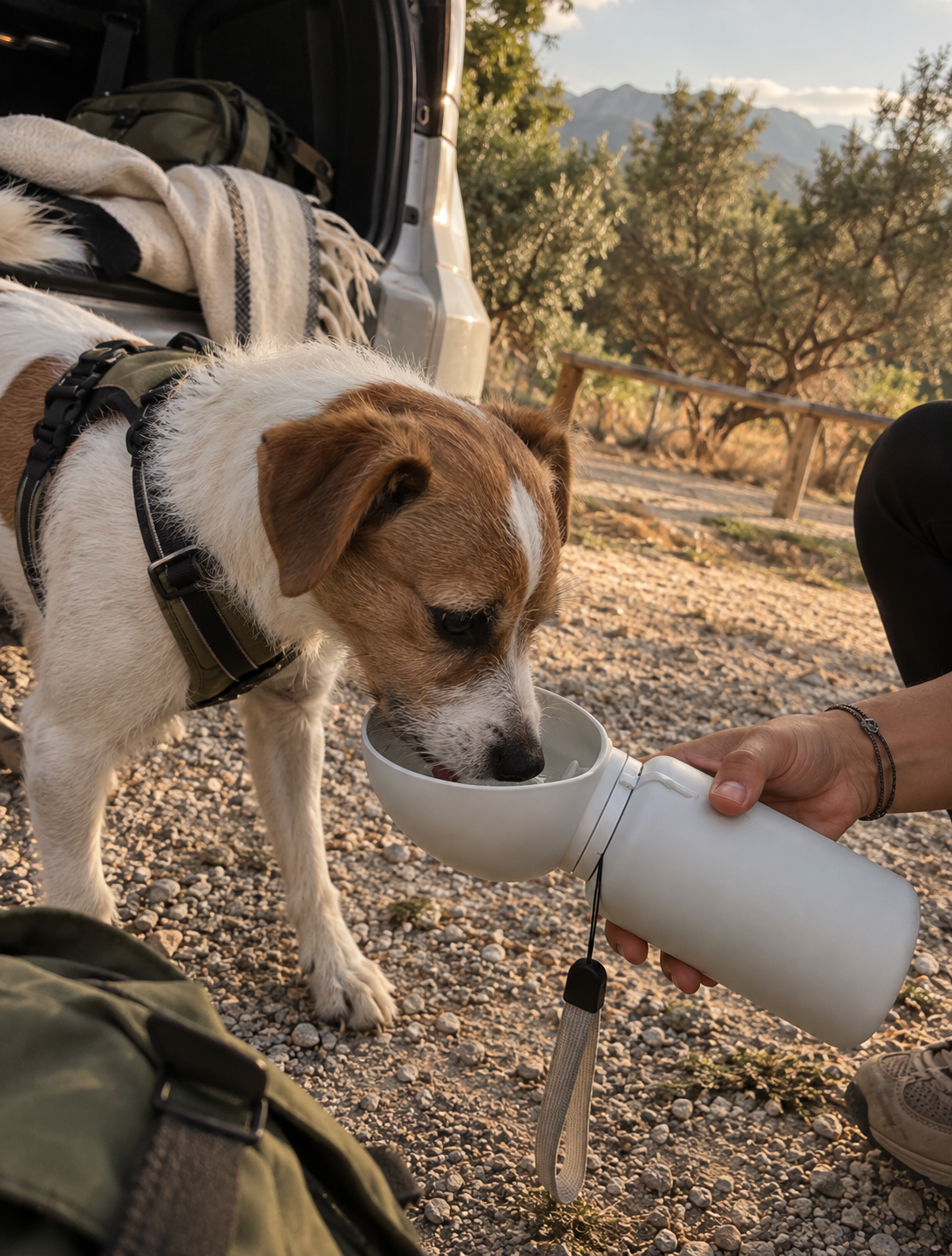 Small dog drinking from the bowl of the white Wayloa Collapsible Dog Water Bottle outdoors