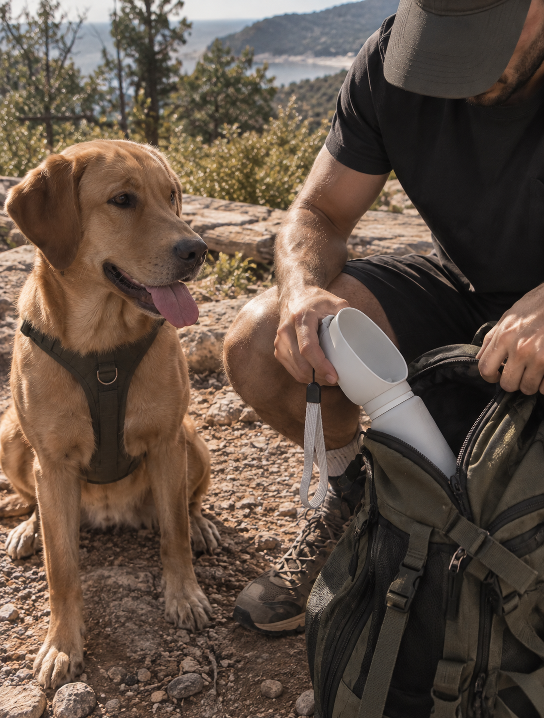 Owner taking the Wayloa Collapsible Dog Water Bottle from a backpack for a dog on a trail