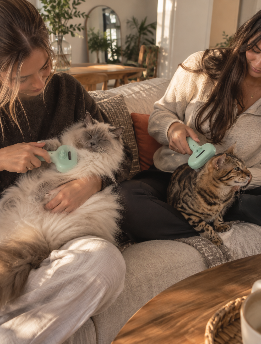 Woman brushing a long-haired cat with the Wayloa Steam Pet Grooming Brush