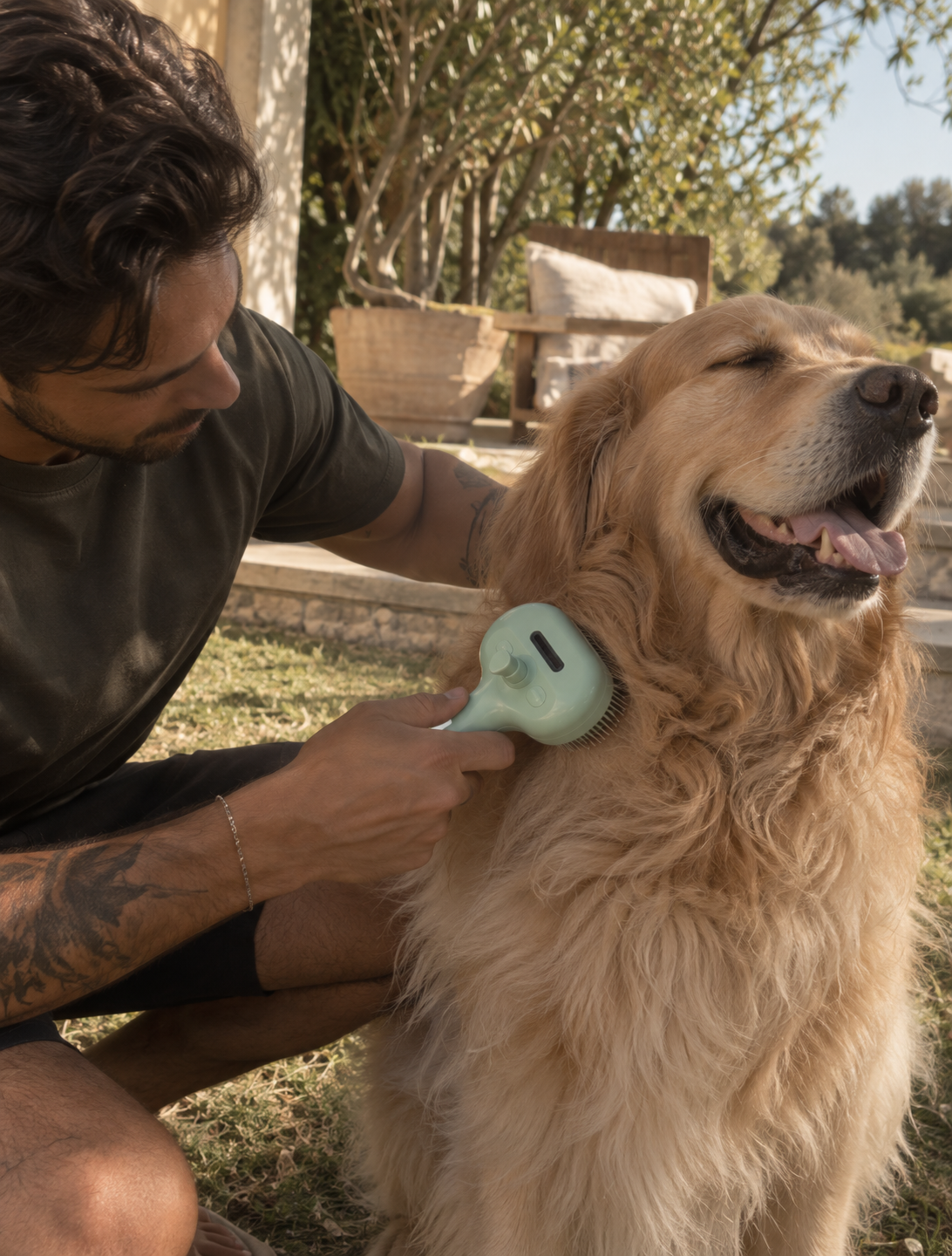 Man brushing a golden retriever outdoors with the green Wayloa Steam Pet Grooming Brush