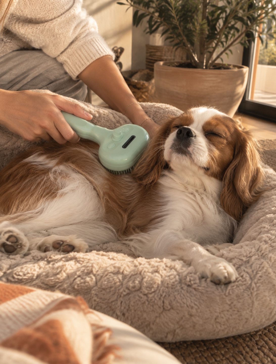 Cavalier King Charles spaniel relaxing on a dog bed while brushed with the Wayloa Steam Pet Grooming Brush