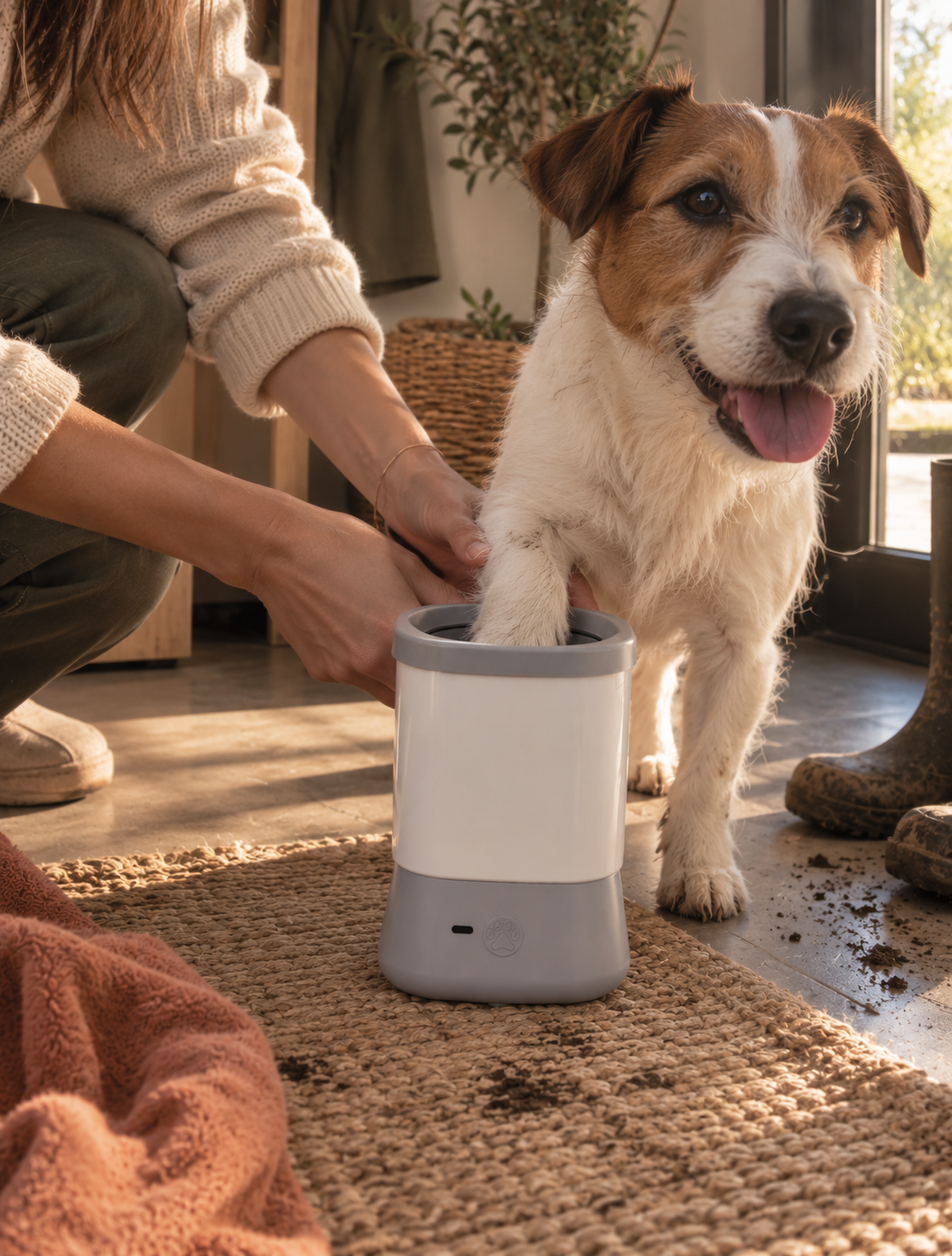 Jack Russell terrier getting a paw cleaned in the Wayloa Automatic Dog Paw Cleaner at home