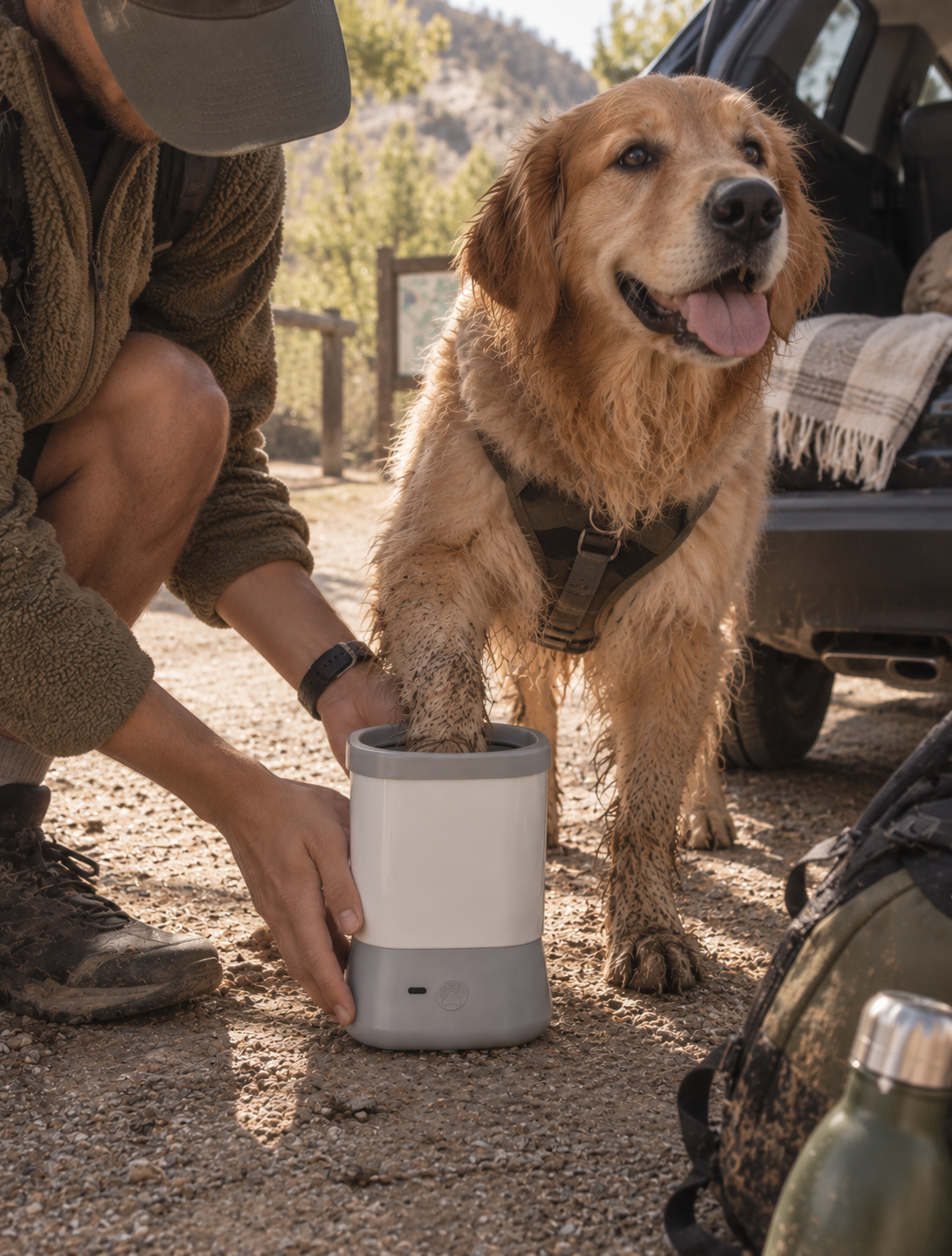 Owner using the Wayloa Automatic Dog Paw Cleaner on a dog after an outdoor walk