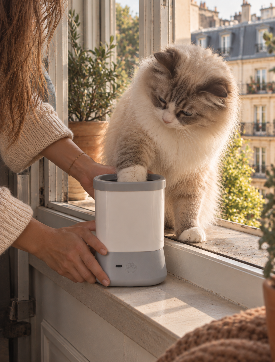 Fluffy cat with a paw in the Wayloa Automatic Dog Paw Cleaner on a windowsill