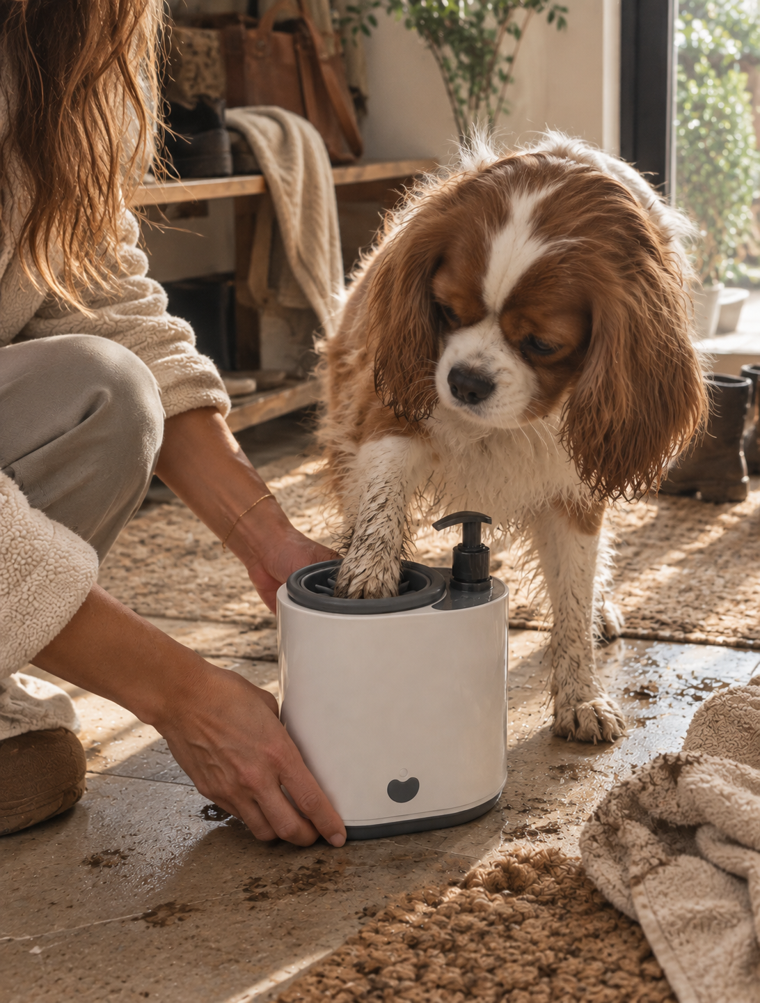 Cavalier King Charles spaniel having a paw cleaned in the Wayloa Electric Dog Paw Cleaner