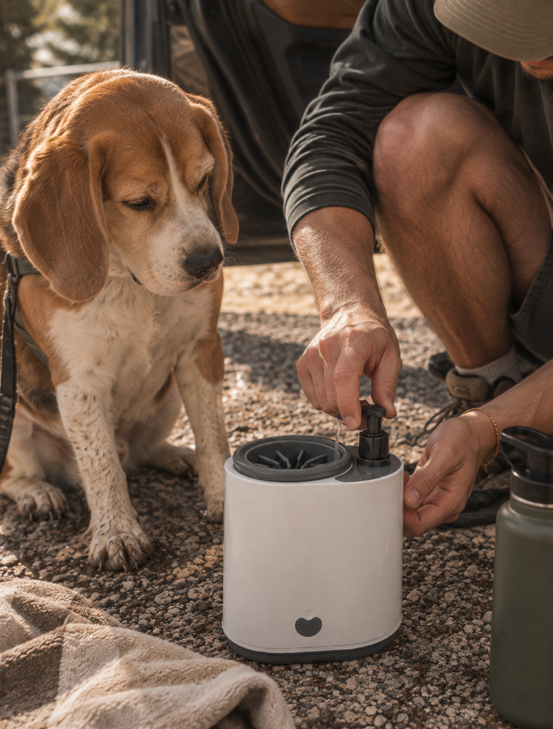Owner cleaning a beagle's paw with the Wayloa Electric Dog Paw Cleaner